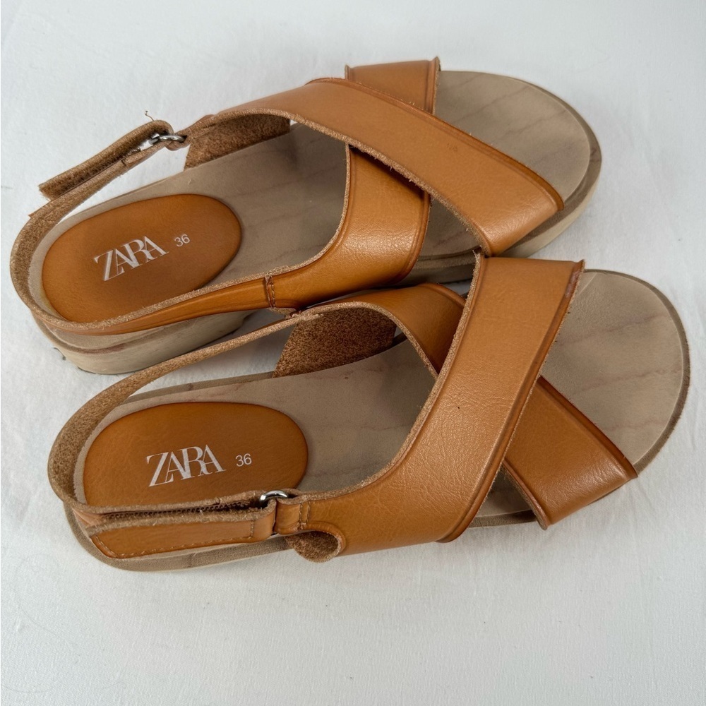 Zara Leather Criss Cross Strap Sandal in Brown Size 6‎ or 36 - Picture 7 of 9